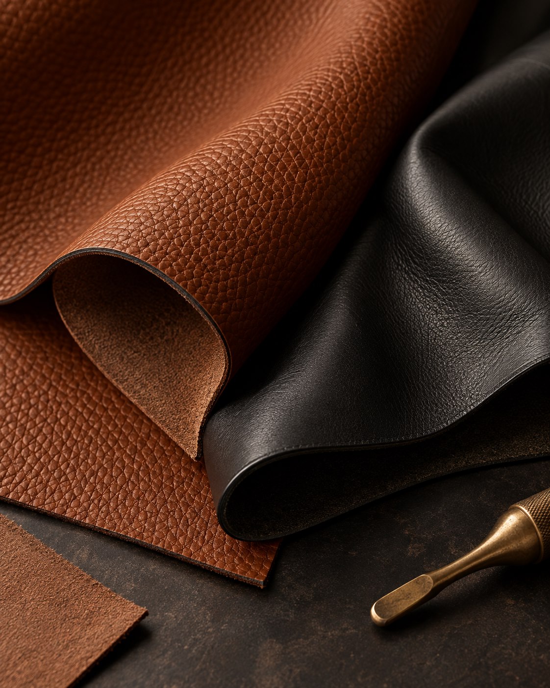 Close-up of cognac pebbled leather and soft black lambskin